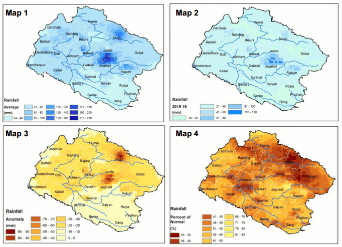 Map 1: 30 years average winter rainfall (November to January); Map 2: Rainfall between November 2015 and January 2016. Map 3: Rainfall deficit in 2015-16 winter season. Map 4: Percent difference in winter rainfall (2015 to 2016) compared to 30-year average. (Source: ICIMOD)